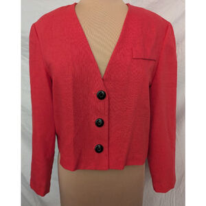Vintage Leslie Fay Cropped Red V Neck Blazer Women's Sz 8 Made in the USA Office